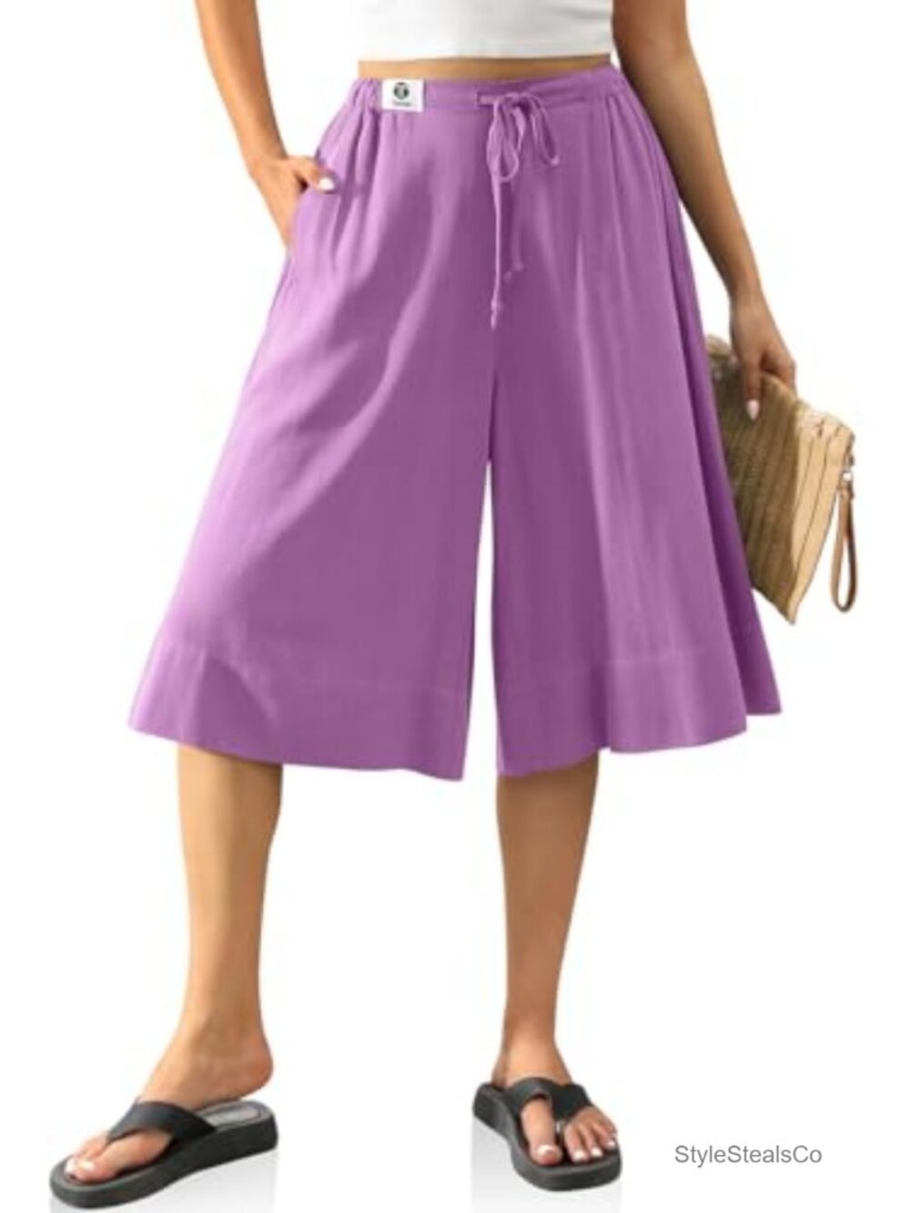 Linen Blend Wide Leg Flowy Culottes with Pockets